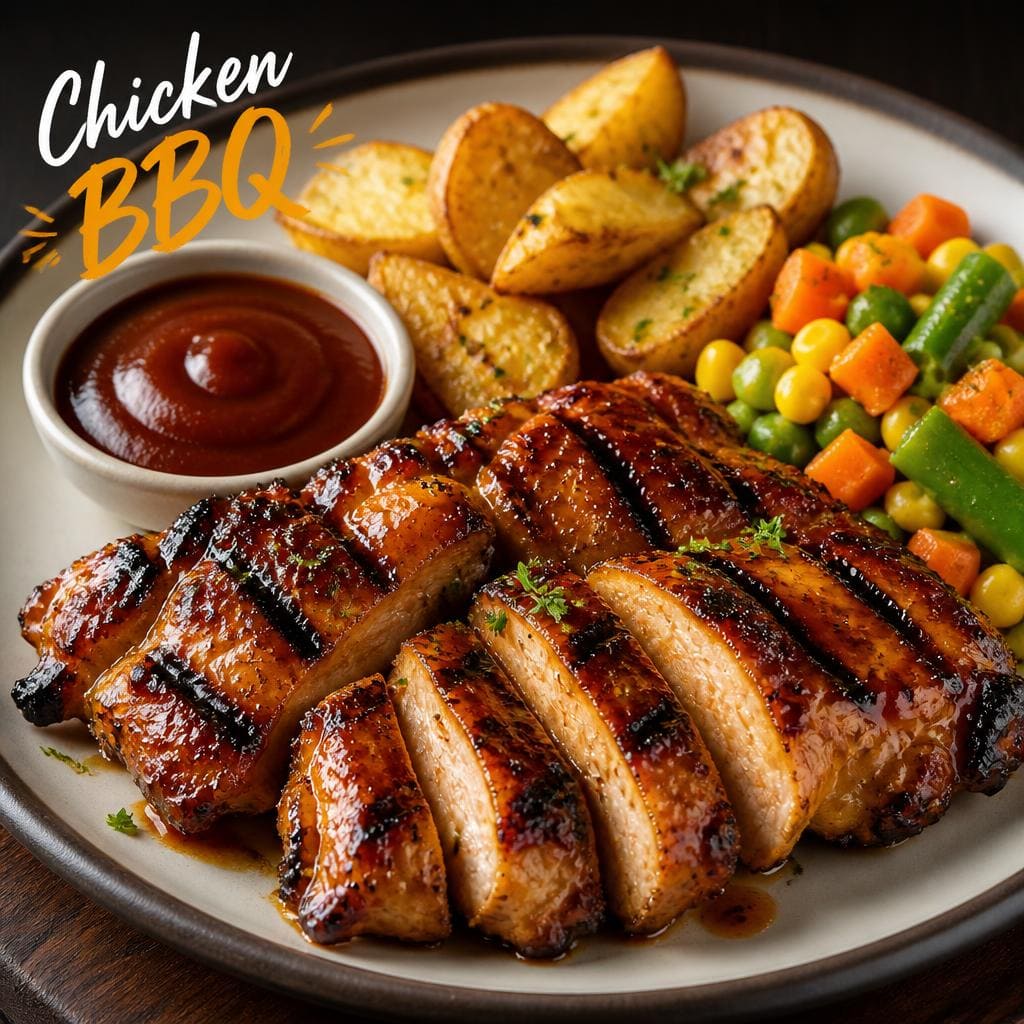 Chicken BBQ dengan daging ayam empuk, kentang lokal, dan mix vegetable